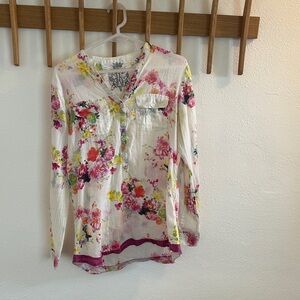JAK Floral Button-Front Long Sleeve Blouse - White with Pink & Yellow Flowers